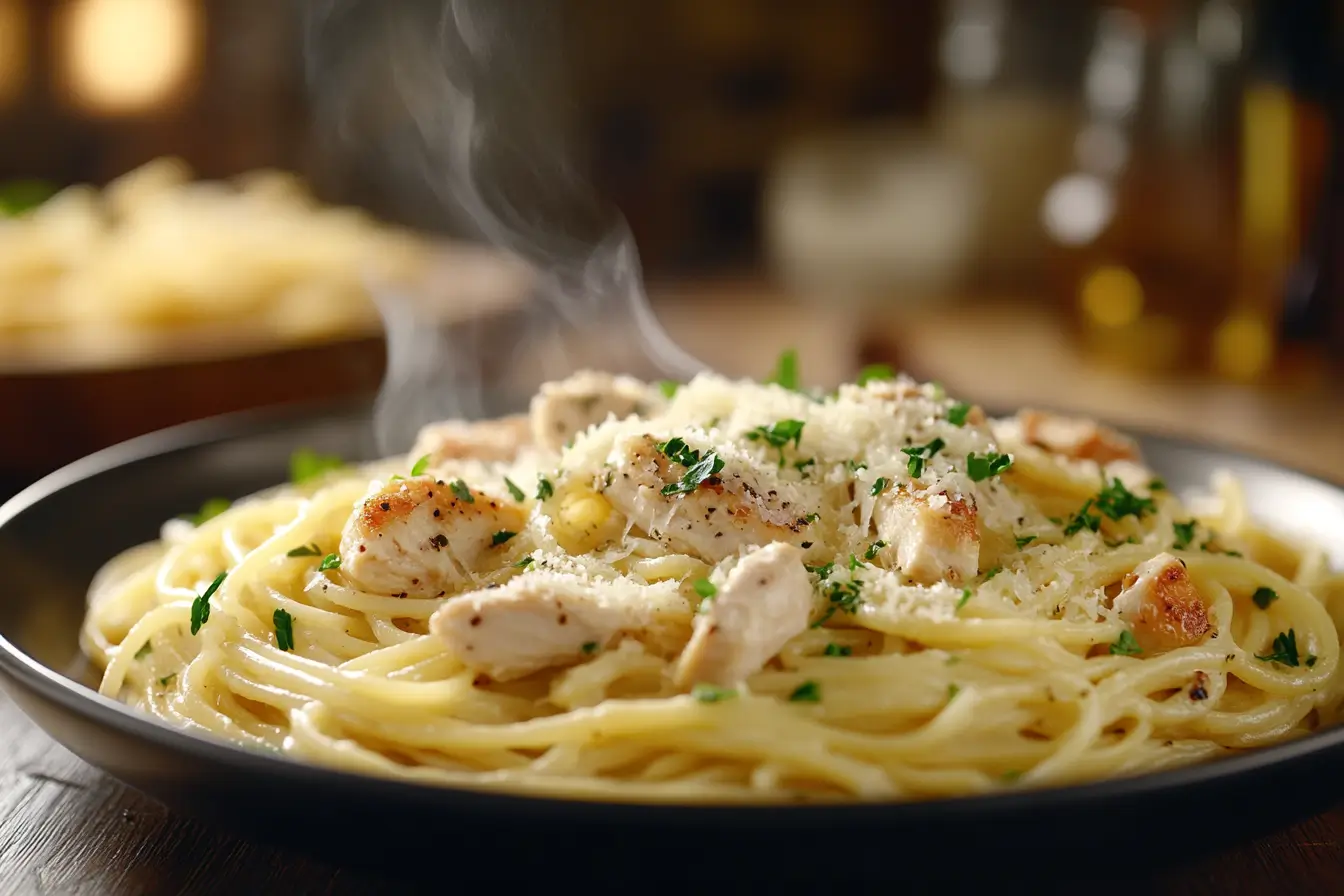 A plate of chicken spaghetti carbonara with Parmesan and parsley on a wooden table.