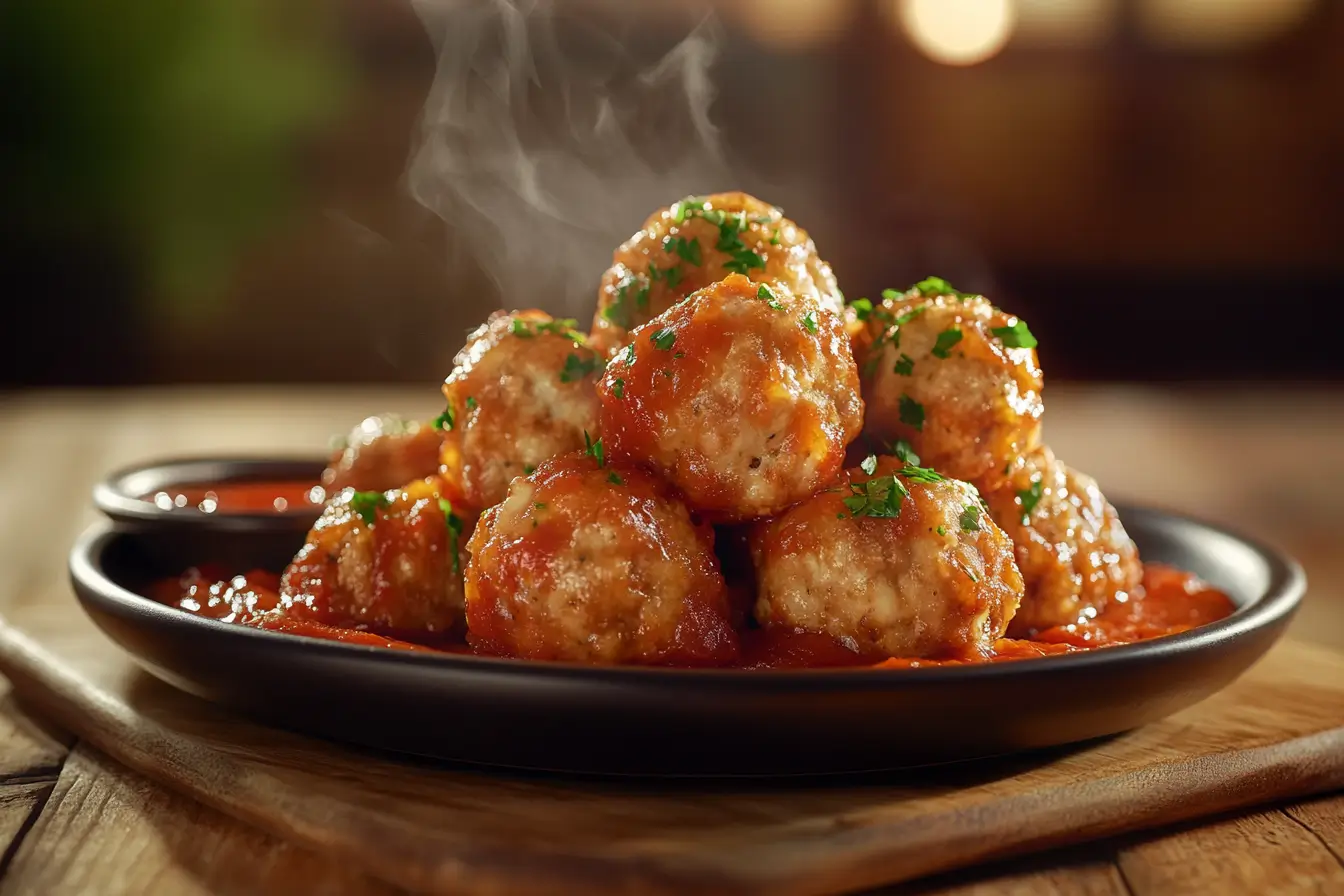 Baked meatballs with marinara sauce on a rustic plate