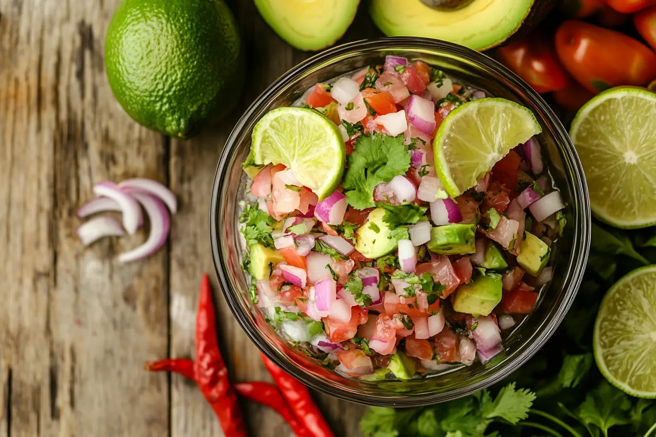 Freshly prepared ceviche in a glass bowl with lime and cilantro.