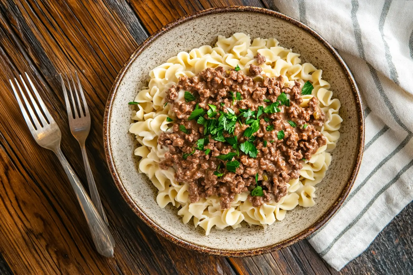Creamy ground beef stroganoff served over egg noodles in a rustic bowl.