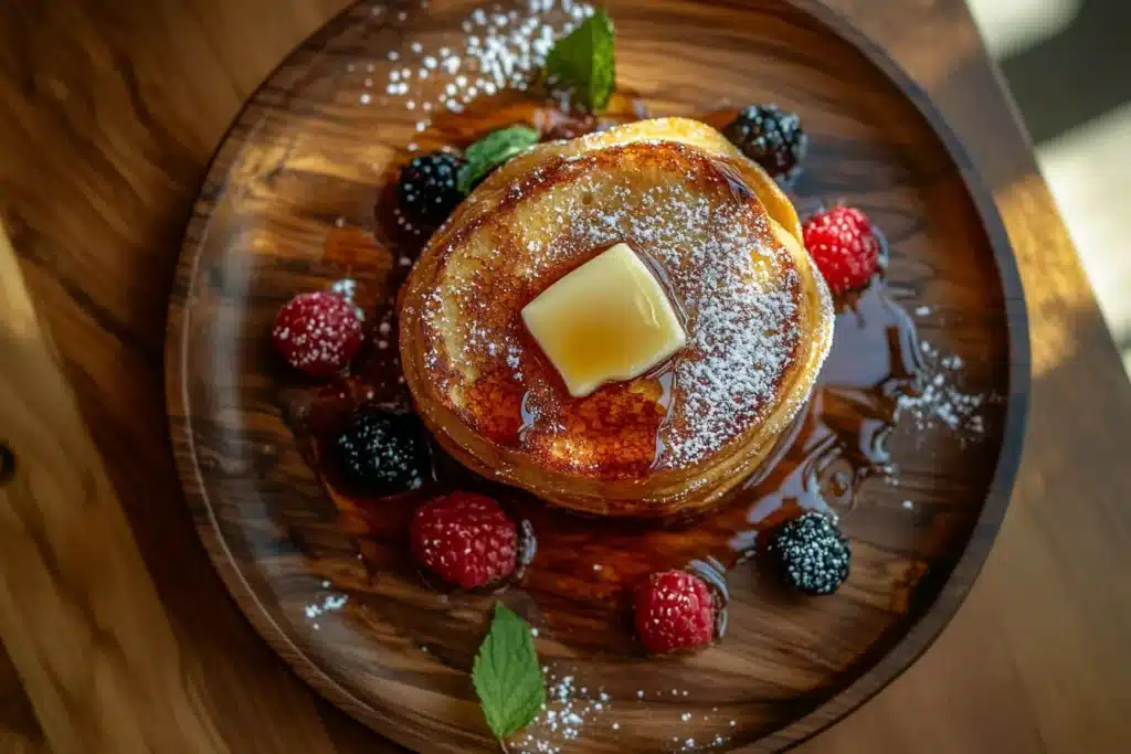 Crispy sourdough French toast with syrup and berries.
