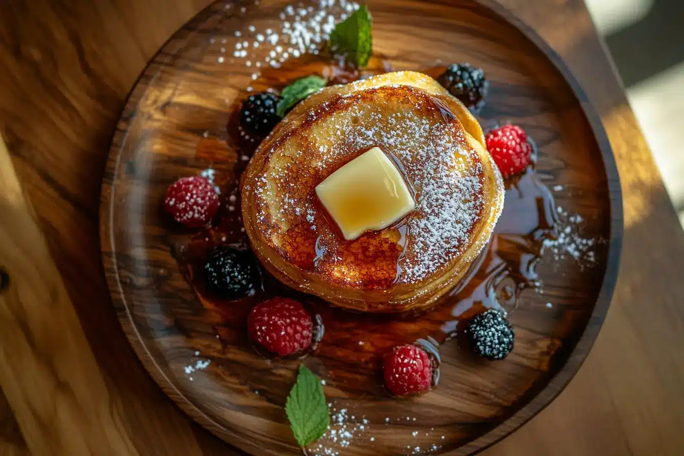 Crispy sourdough French toast with syrup and berries.
