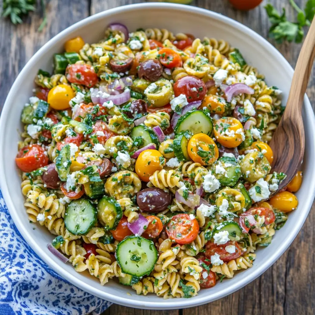 Fresh and colorful Greek pasta salad with feta and olives