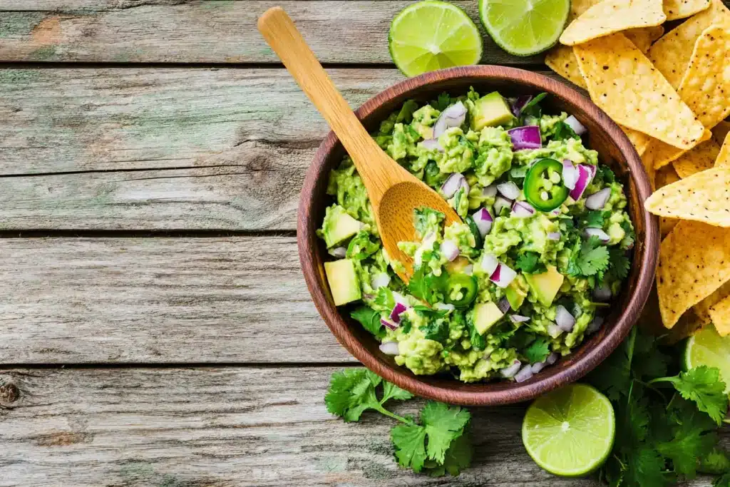 Fresh Chipotle-style guacamole in a bowl with tortilla chips.