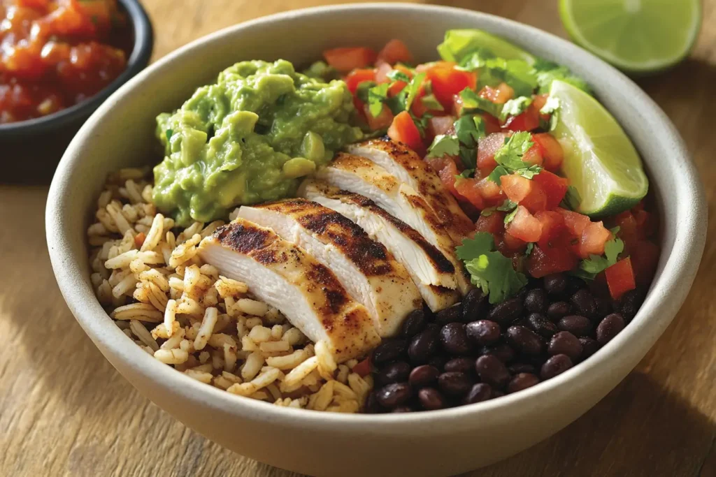 A healthy Chipotle bowl with fresh ingredients