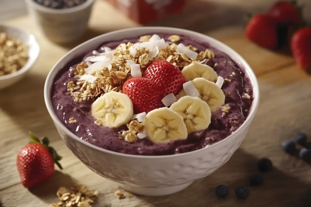 Freshly made Smoothie King Acai Bowl topped with fruit and granola