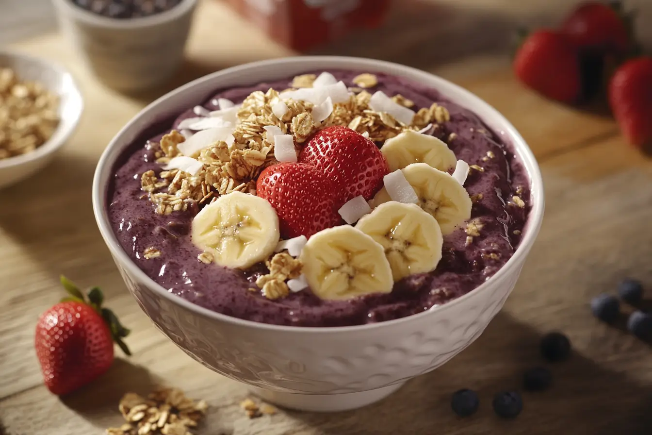 Freshly made Smoothie King Acai Bowl topped with fruit and granola