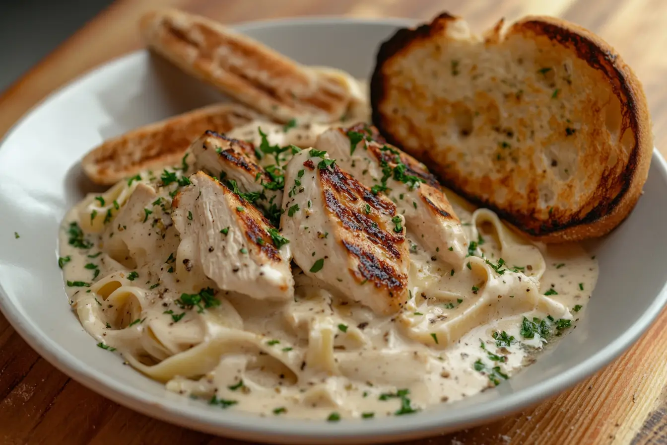 Delicious Chicken Alfredo served with garlic bread.