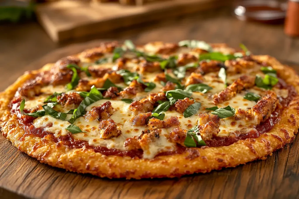 Chicken crust pizza topped with melted cheese and basil