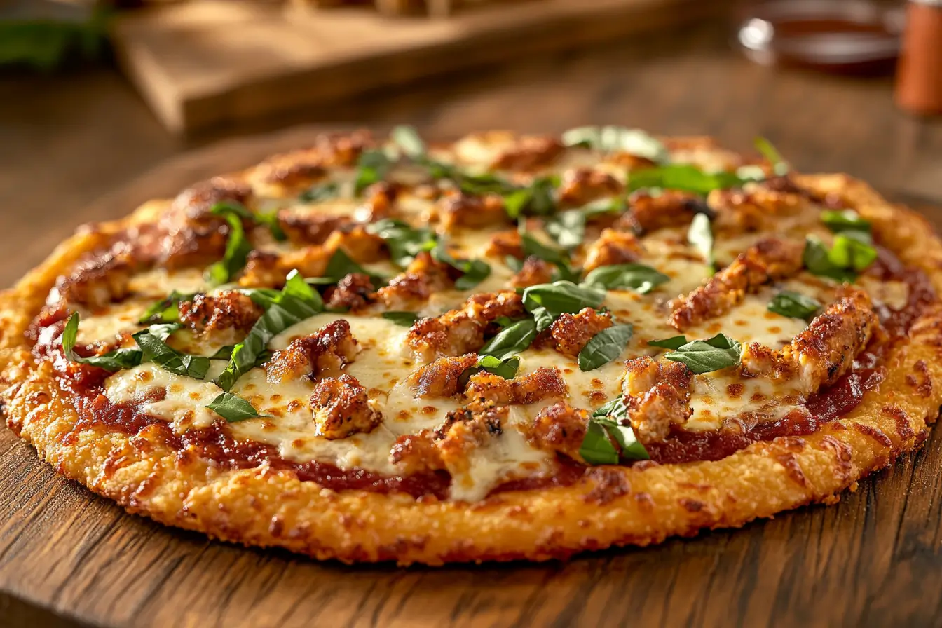 Chicken crust pizza topped with melted cheese and basil