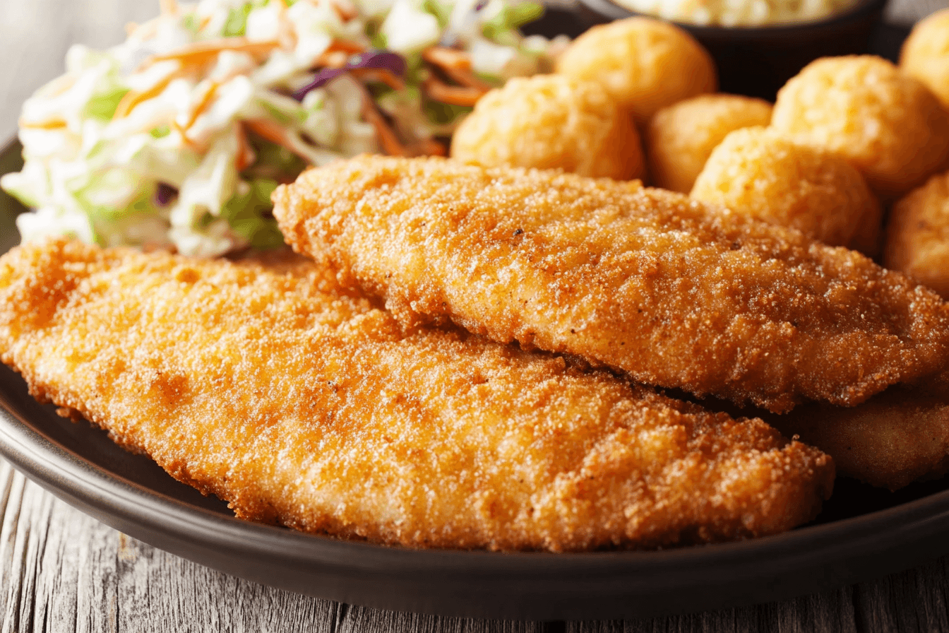 A plate of crispy fried catfish with hush puppies and coleslaw