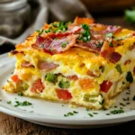 Golden-brown breakfast casserole with eggs, cheese, and bacon