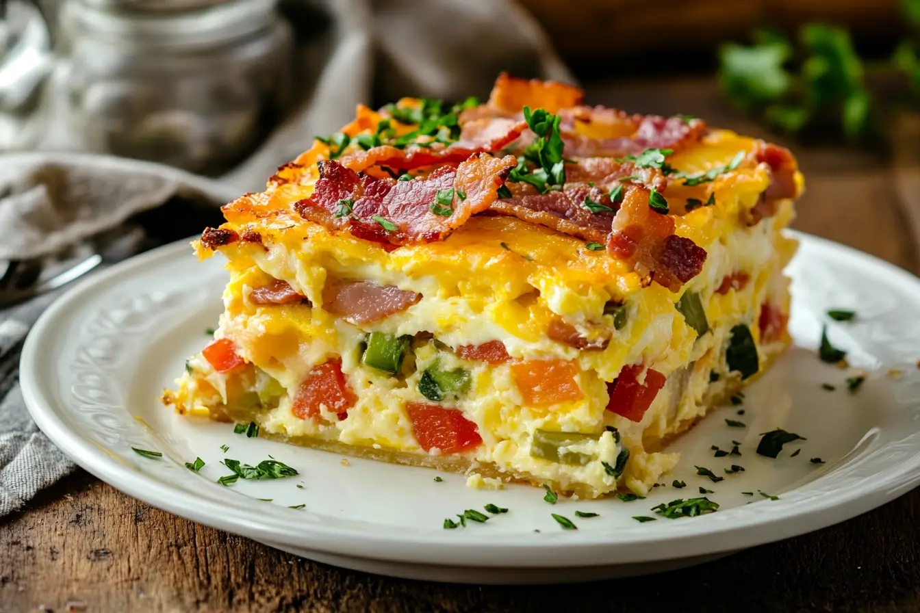 Golden-brown breakfast casserole with eggs, cheese, and bacon