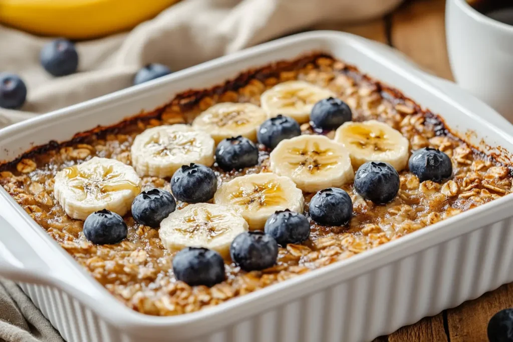 Freshly baked oats with banana, blueberries, and honey