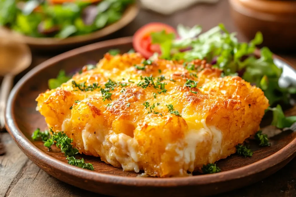 Golden, crispy tater tot casserole fresh out of the oven