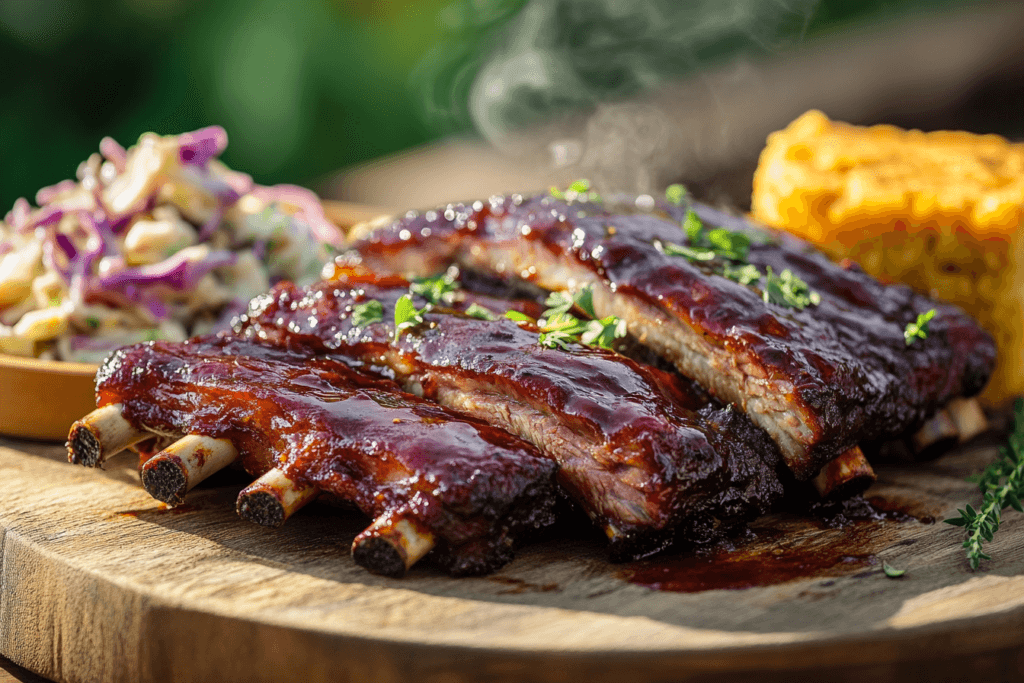 Juicy BBQ ribs with smoky glaze served on a wooden board