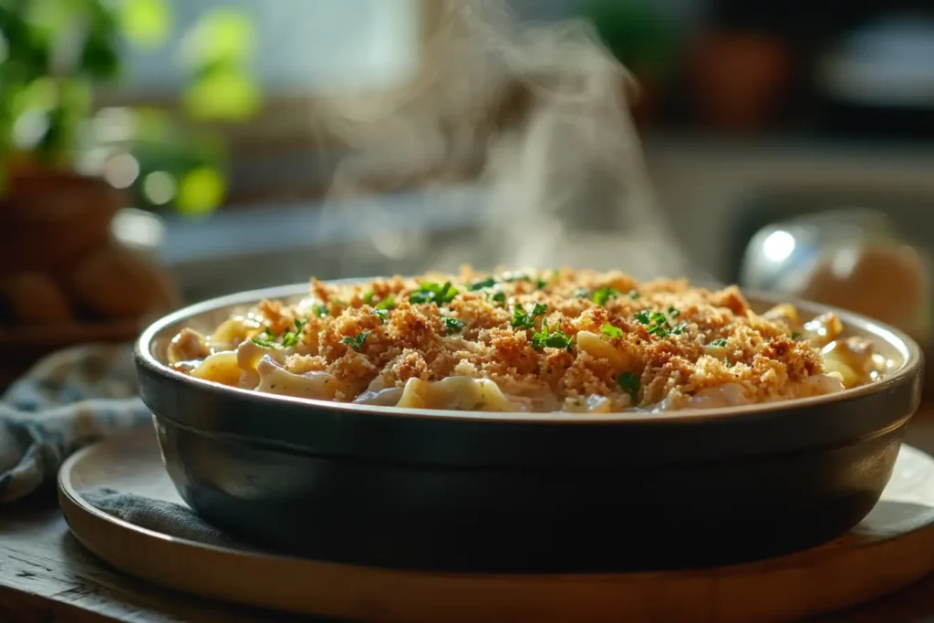 Warm and comforting chicken noodle hotdish fresh from the oven.