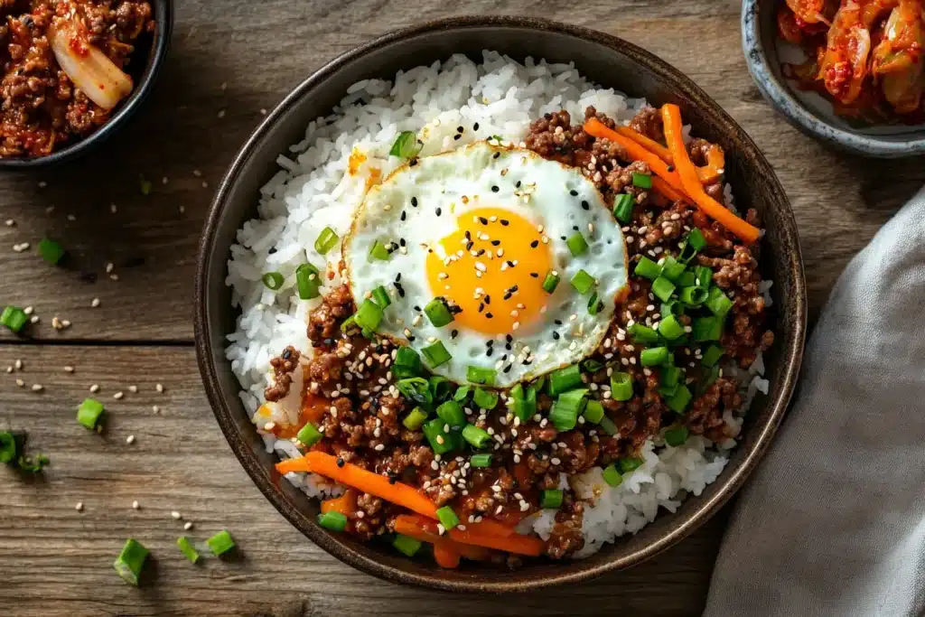 Korean Beef Bowl with rice, carrots, egg, and sesame