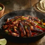 Juicy grilled chicken fajitas with bell peppers in a skillet.