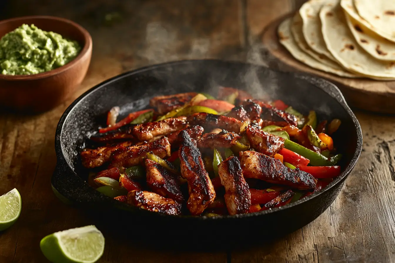 Juicy grilled chicken fajitas with bell peppers in a skillet.