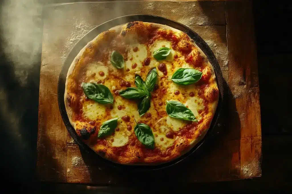 Authentic homemade Margherita pizza with fresh basil and melted mozzarella.
