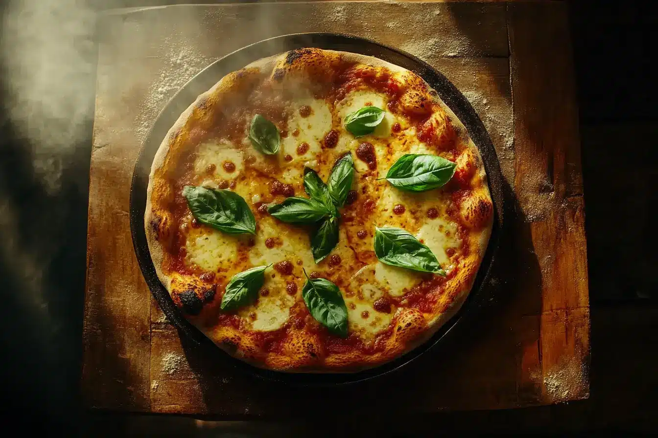 Authentic homemade Margherita pizza with fresh basil and melted mozzarella.