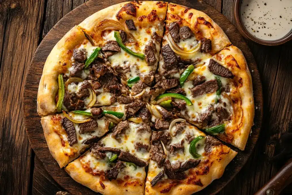 Philly cheesesteak pizza with steak, cheese, and onions.