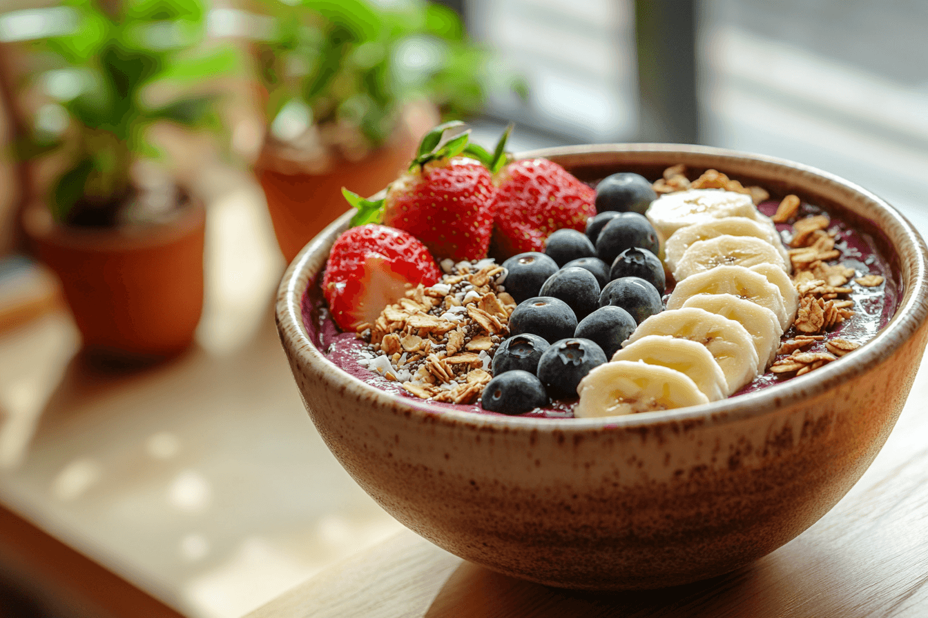 A beautifully prepared açaí bowl with fresh fruit and granola.