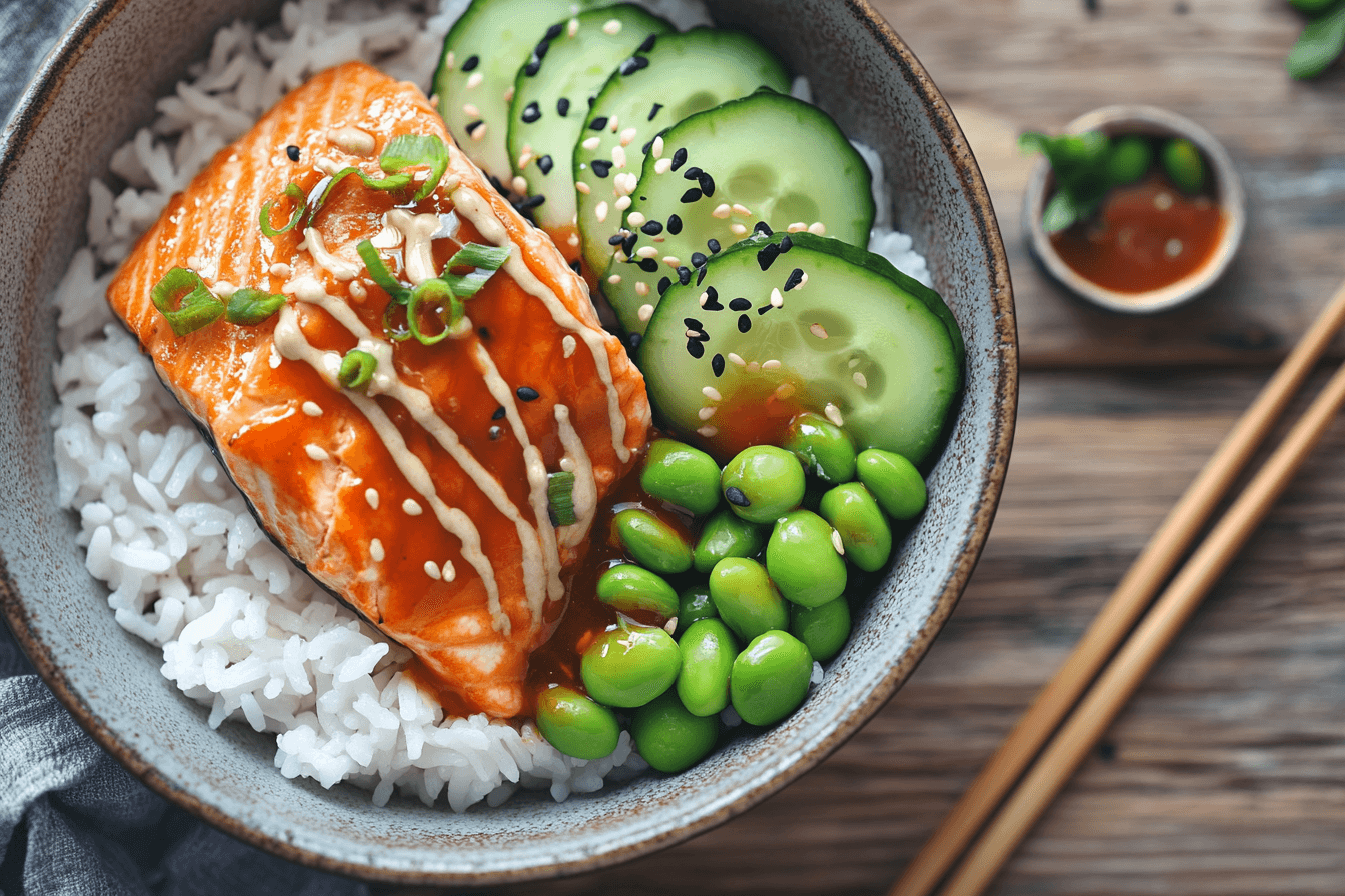 Delicious salmon rice bowl with avocado, cucumber, and edamame.