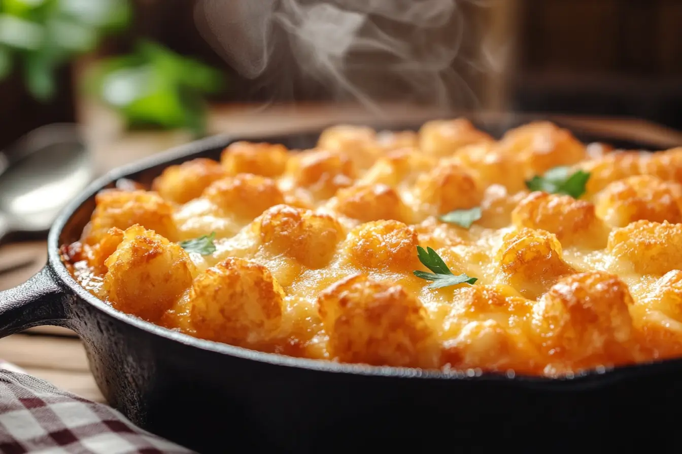 Crispy and cheesy tater tot casserole fresh from the oven