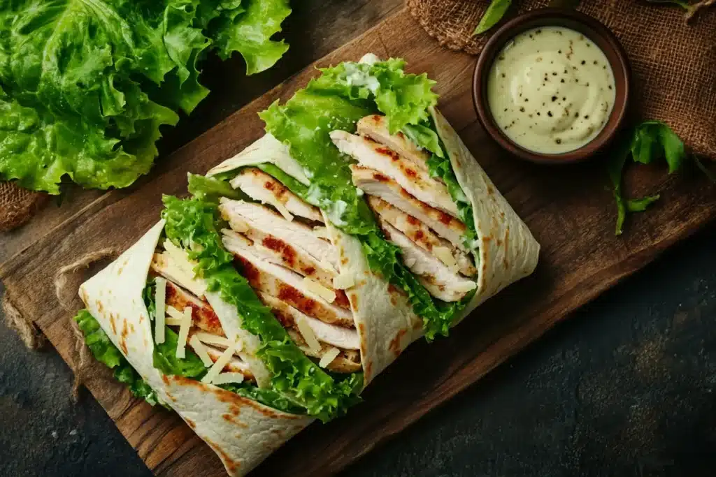Sliced chicken caesar wrap with lettuce and dressing on a board