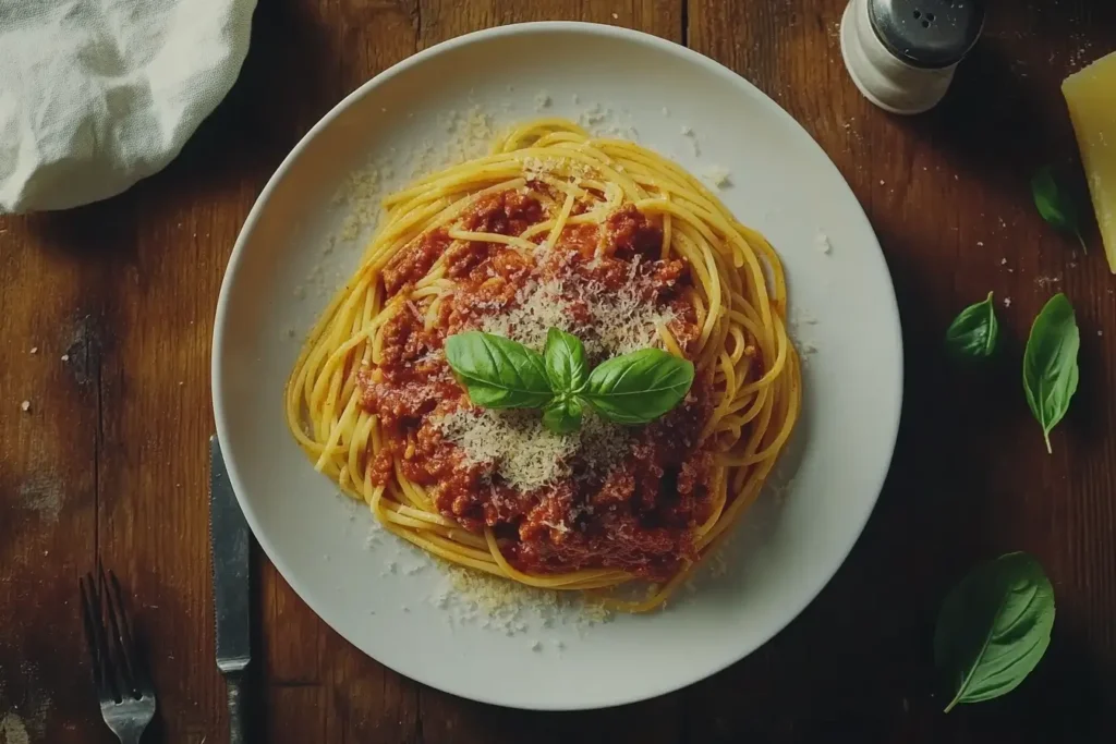 Classic Spaghetti Bolognese served with basil and Parmesan