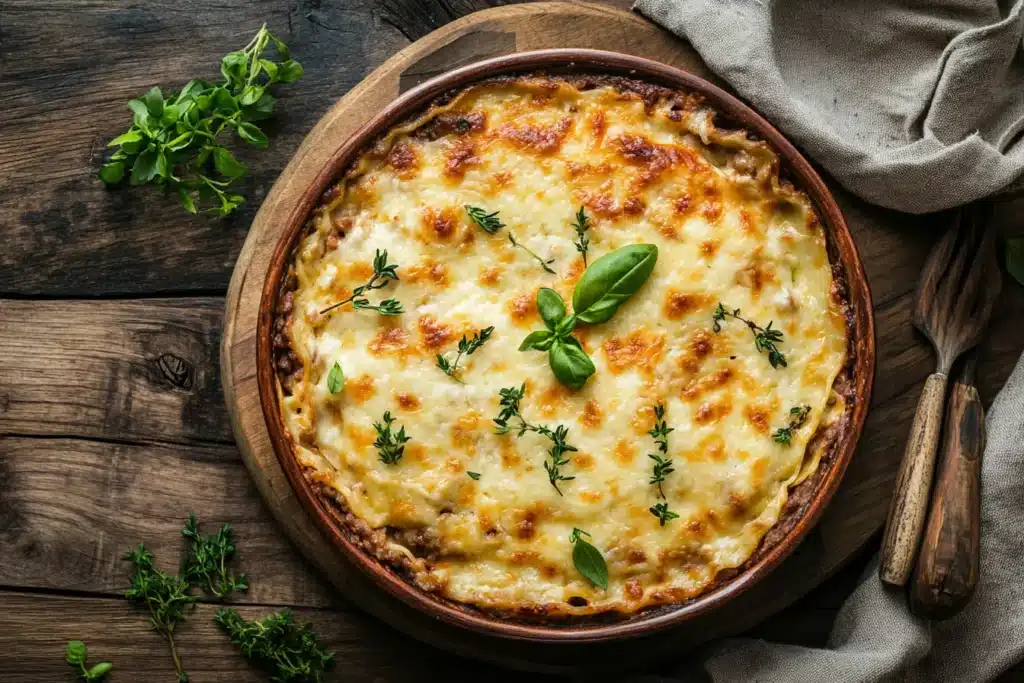 Homemade beef lasagna in baking dish