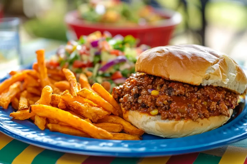 Sloppy joe with sweet potato fries and pasta salad