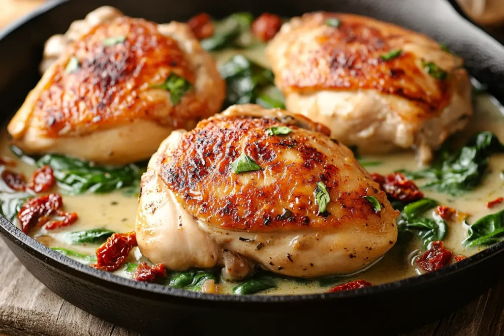 Creamy Tuscan chicken in a rustic Italian kitchen