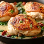 Creamy Tuscan chicken in a rustic Italian kitchen