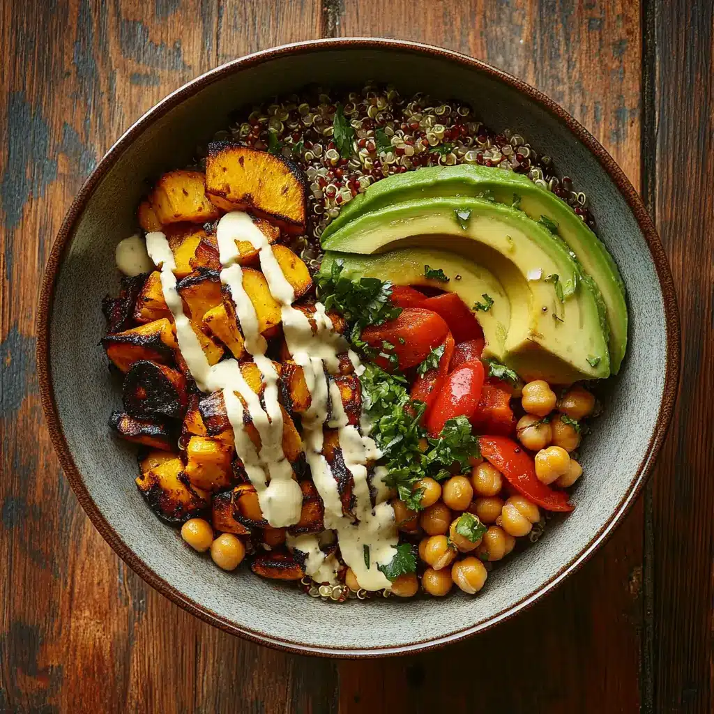 colorful quinoa bowl with veggies and avocado