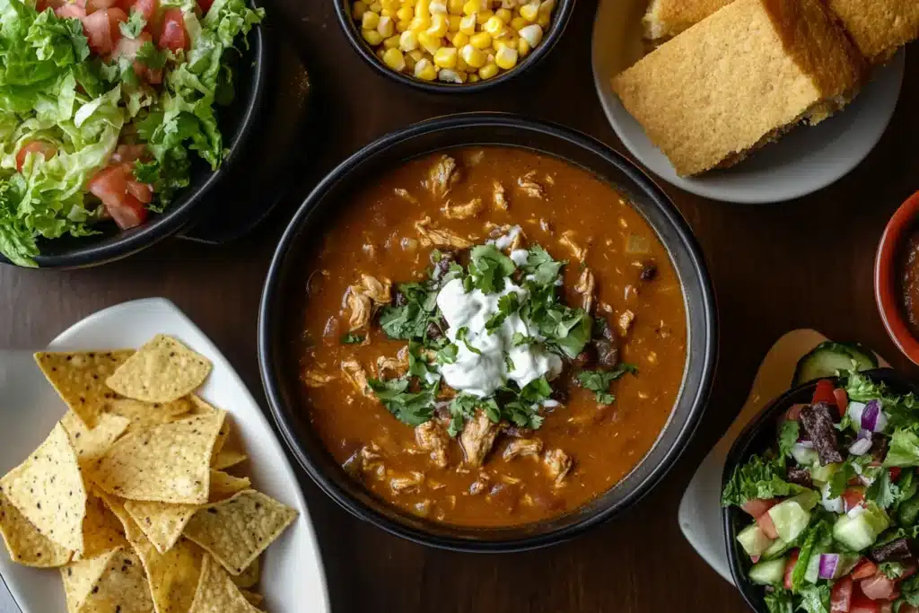 Chicken taco soup with cornbread and salad