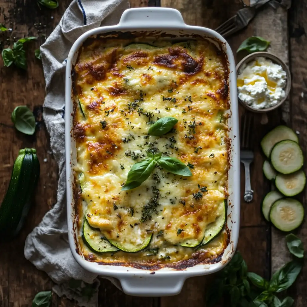 Overhead shot of baked zucchini lasagna in casserole dish