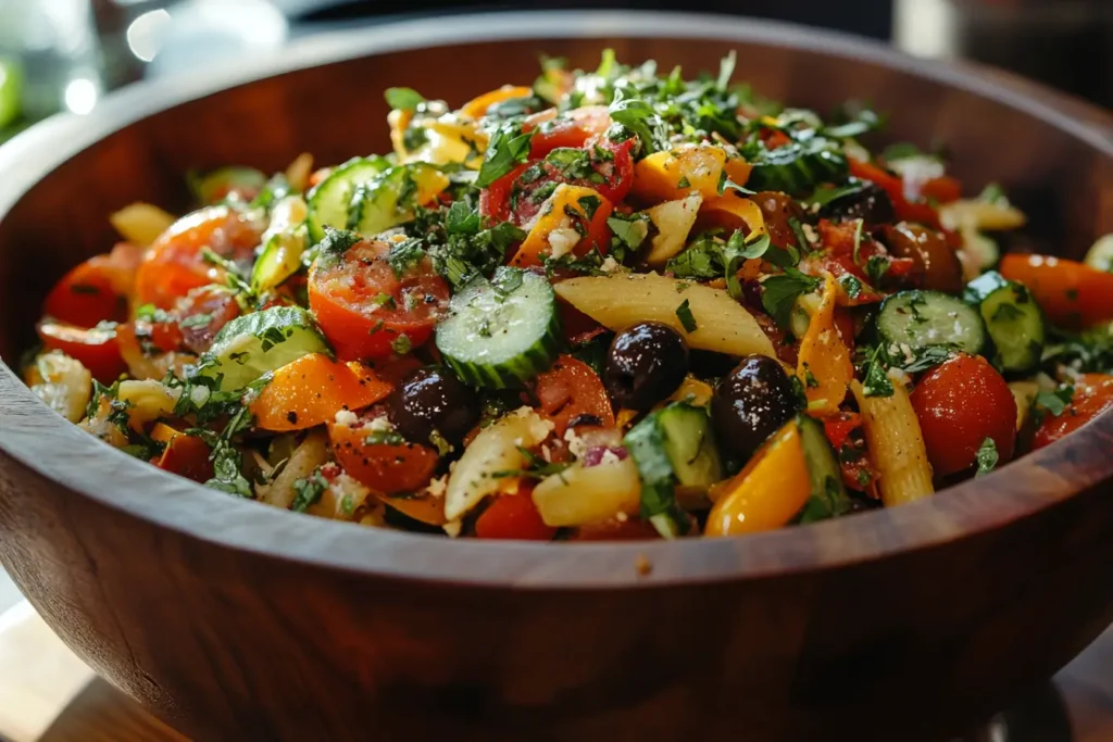 Colorful pasta salad with fresh veggies in a wooden bowl