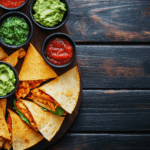Chicken quesadilla with dips on rustic background