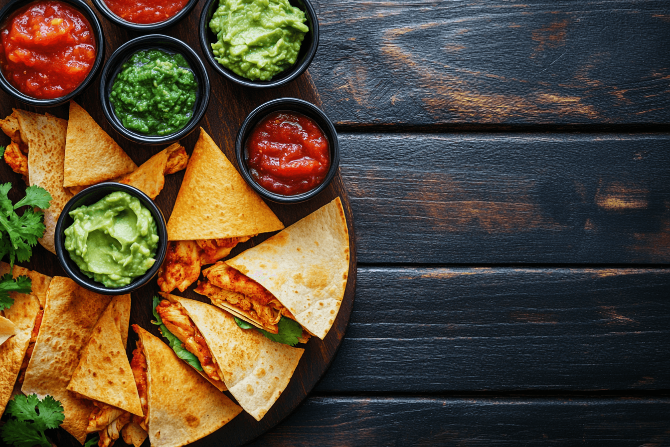 Chicken quesadilla with dips on rustic background