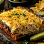 Close-up of a tuna melt sandwich with melted cheese and crispy bread