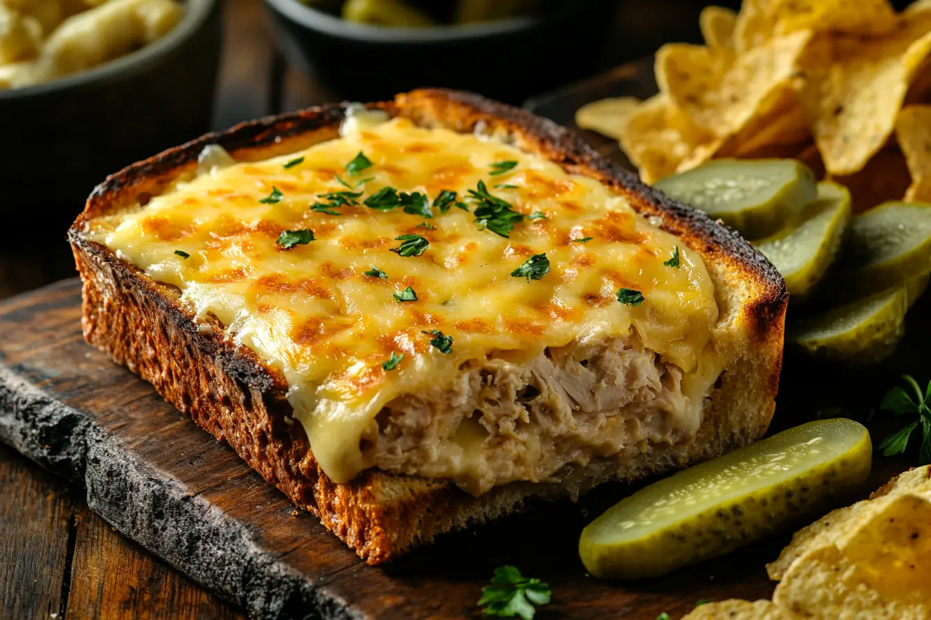 Close-up of a tuna melt sandwich with melted cheese and crispy bread
