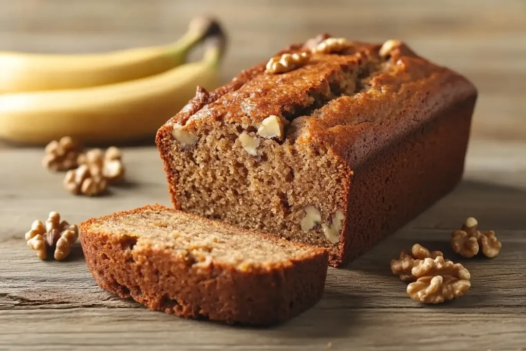 Freshly baked banana nut bread sliced on a wooden table