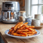 Alexia sweet potato fries air fryer style on a rustic kitchen table