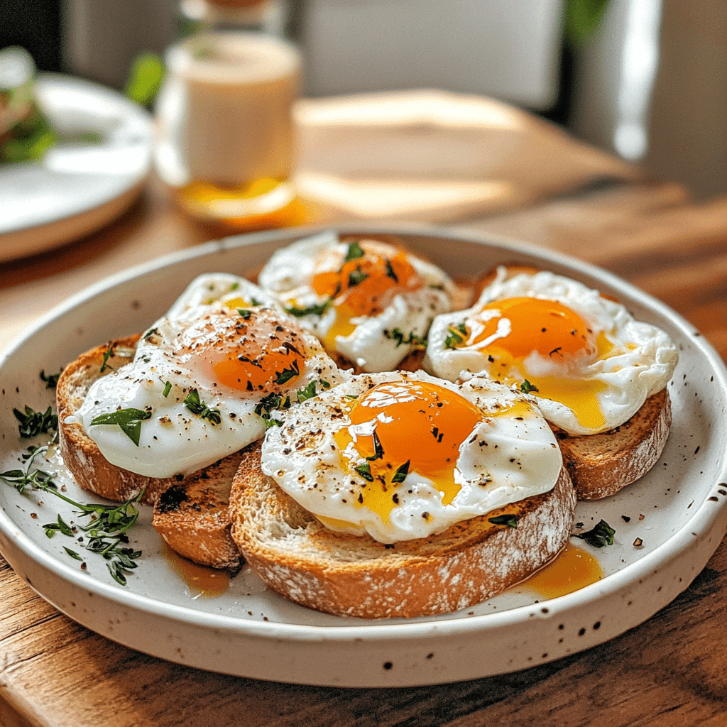 air fryer poached eggs on toast with golden yolk