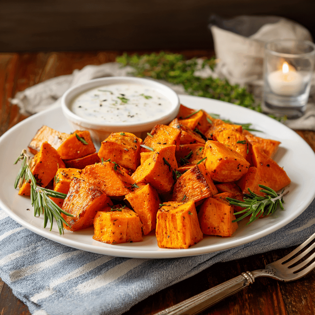 Roasted Sweet Potatoes Airfryer: Perfectly Crispy Every Time 7 eljamalioussama A white plate of roasted sweet potatoes with di cf6a8e6c 2995 428a aa38 a399cf93a670pos Roasted Sweet Potatoes Airfryer: Perfectly Crispy Every Time