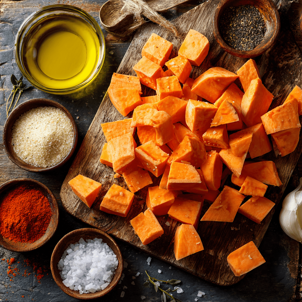 Roasted Sweet Potatoes Airfryer: Perfectly Crispy Every Time 6 eljamalioussama Raw sweet potatoes peeled and cubed on a cuttin 2e2b2f70 93d3 41fc a824 fa7e3352b9f4pos Roasted Sweet Potatoes Airfryer: Perfectly Crispy Every Time